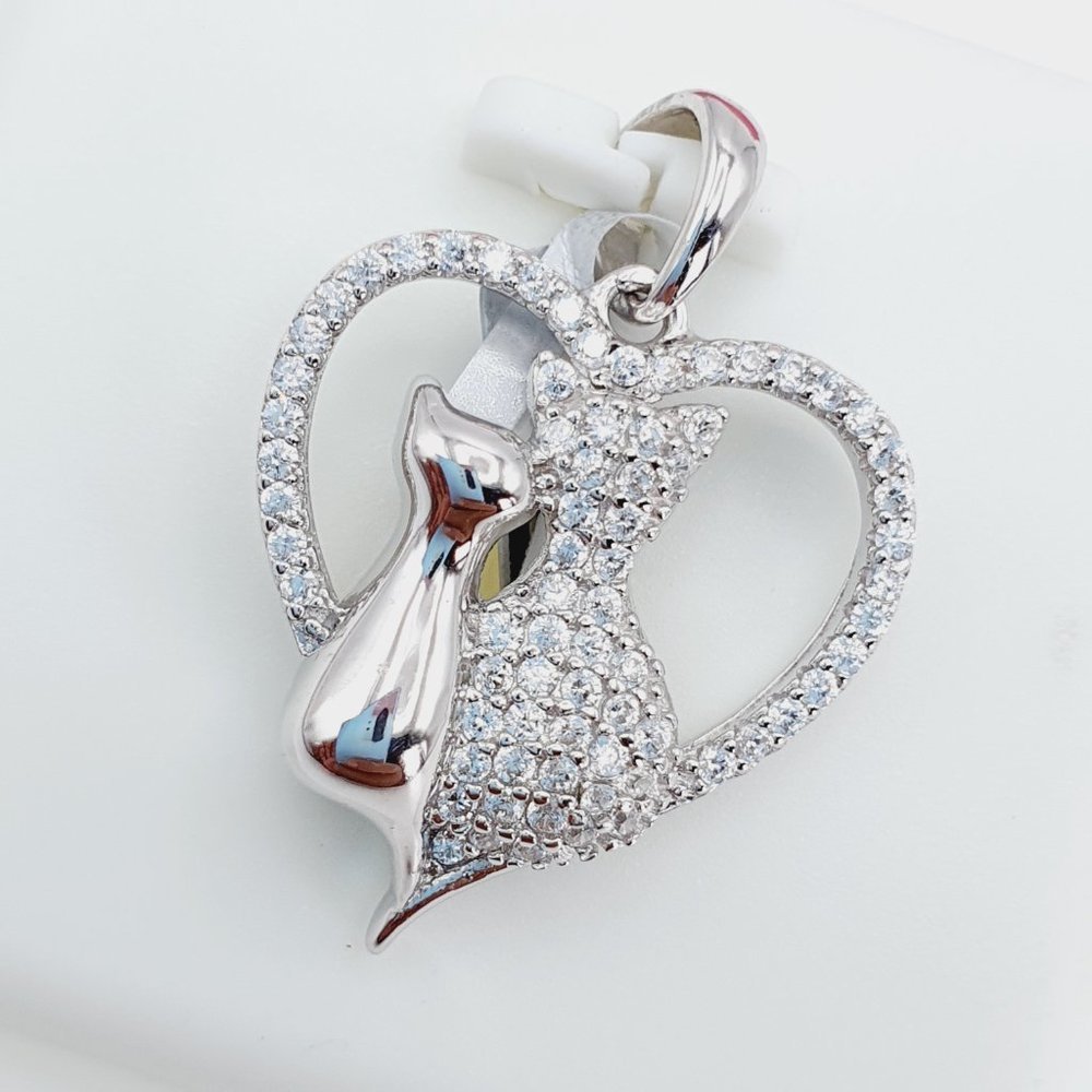 Sterling Silver Cat Duo Heart Necklace Pendant - White Crystal